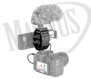 BOYA BY-MP4 2-kanałowy mikser, wejścia TRRS 3.5mm i 3.5mm TRS. Wyjście jack TRS 3.5 mm