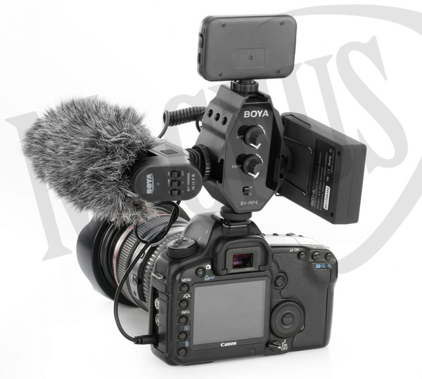 BOYA BY-MP4 2-kanałowy mikser, wejścia TRRS 3.5mm i 3.5mm TRS. Wyjście jack TRS 3.5 mm