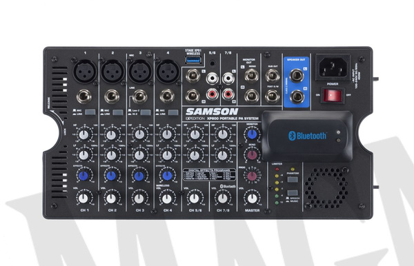 Samson XP 800  zestaw nagłośnieniowy z  Bluetooth, 16 efektów, 2 x 400W klasa-D, 2x8