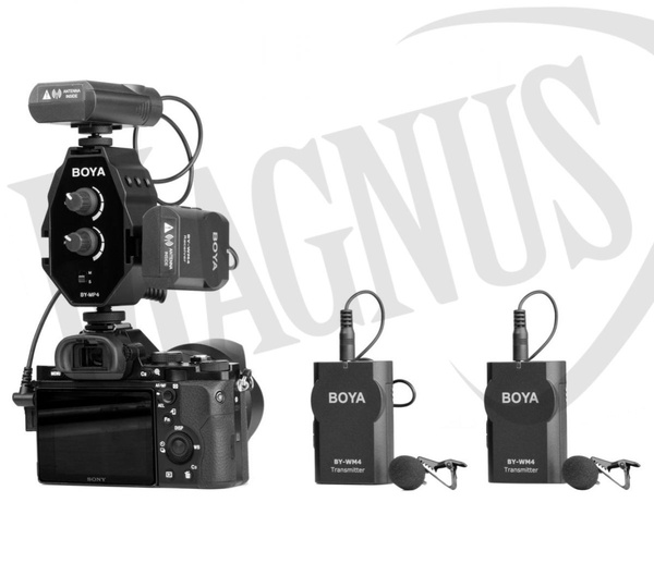 BOYA BY-MP4 2-kanałowy mikser, wejścia TRRS 3.5mm i 3.5mm TRS. Wyjście jack TRS 3.5 mm